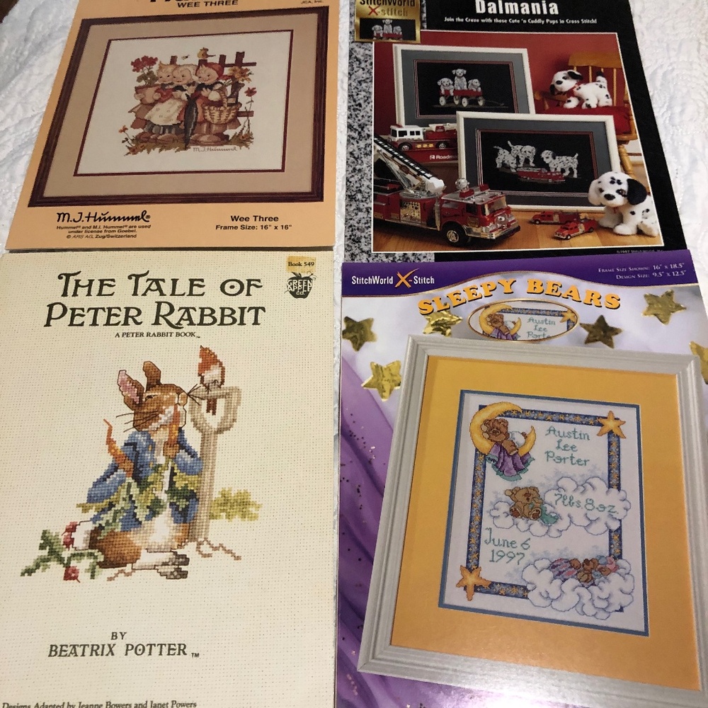 4 Crosstitch charts, Baby kids room, Hummel, Peter rabbit colourful designs